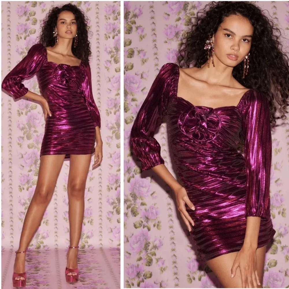 •LOVESHACKFANCY• Thompson Rose Appliqué Metallic Minidress in Fuchsia‎ Size 0 - Picture 13 of 15